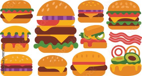 Collection of various colorful cartoon fast food burgers and sandwiches with different toppings and condiments