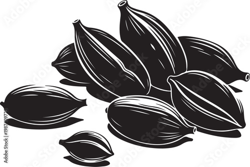 Black cocoa pods, vector illustration, chocolate ingredients, food icons