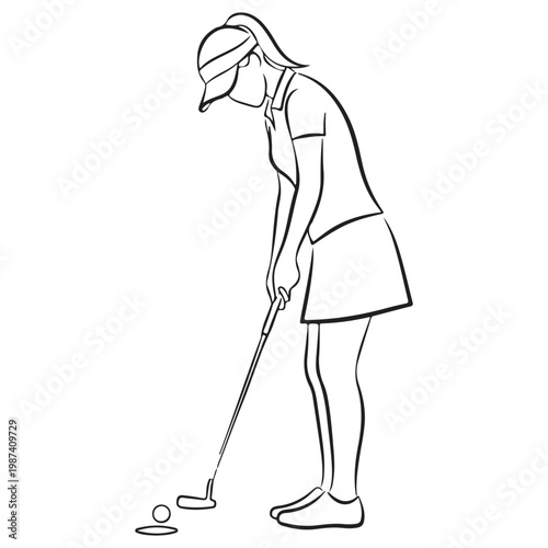 Minimalist line art illustration of a female golfer putting a ball into a hole for sports branding and design