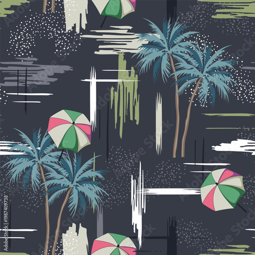 Colorful brush stroke mixed with beach elements umbrella palm trees ,island seamless pattern in vector EOPS10.Design for fashion,fabric,web,wallpaper,wrapping and all prints on white