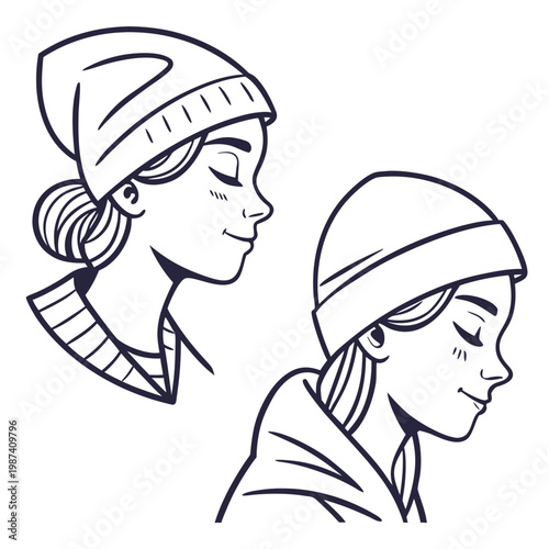 Two women wearing hats beanies faces line black and white