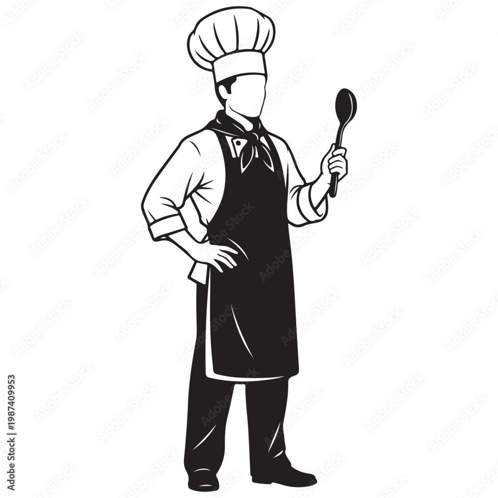 Naklejka premium Professional chef standing and holding a spoon vector illustration for restaurant logo and culinary branding