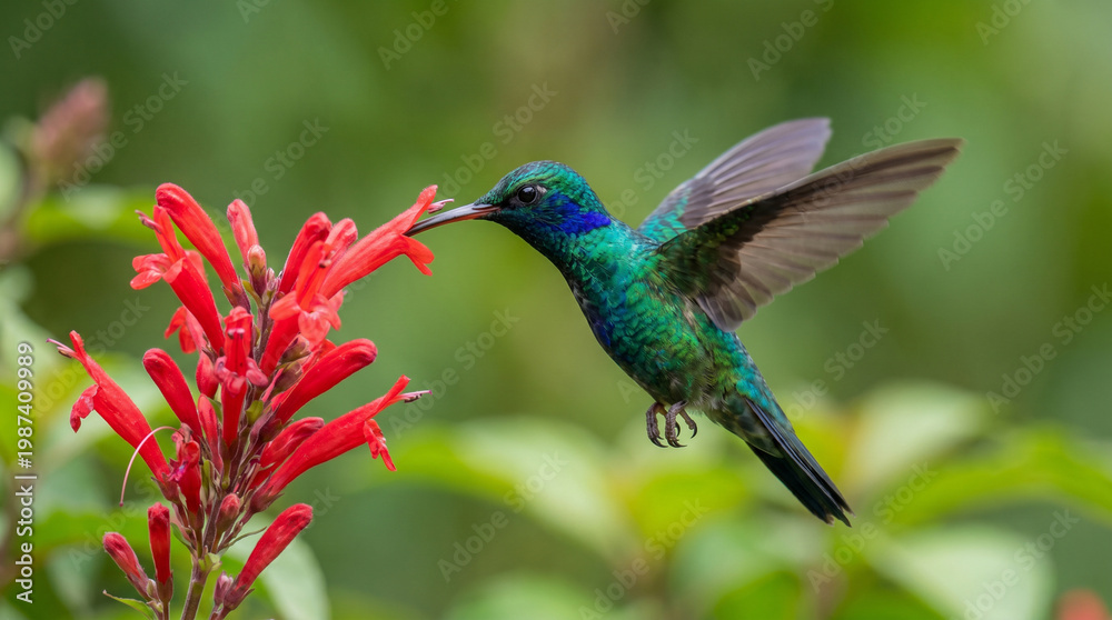 Fototapeta premium Iridescent Hummingbird Feeding on Red Flowers