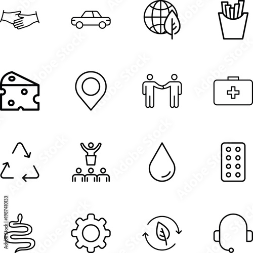 general purpose line art icons set, handshake, car, globe, fries, cheese, map pin, people