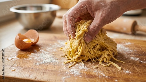 Messy hand kneading fresh pasta dough on a floured wooden board