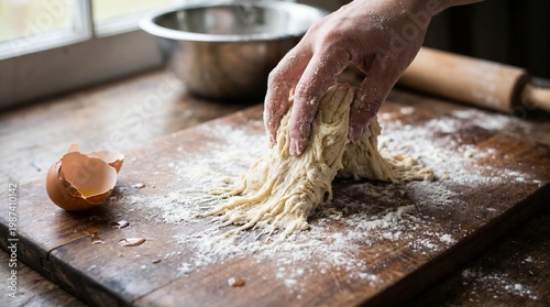 Messy hand kneading fresh pasta dough on a floured wooden board