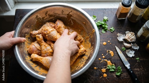 Raw chicken tossing in messy orange spice marinade by hand