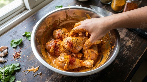 Raw chicken tossing in messy orange spice marinade by hand