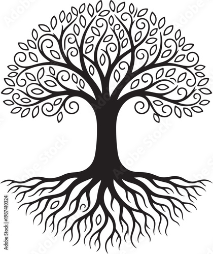 Black and white ornamental tree illustration with intricate root system