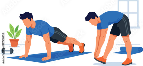 Man Exercising Push-ups and Hamstring Stretch