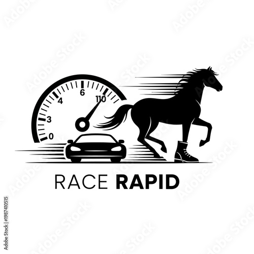 A galloping horse and car combined with a speed gauge illustration
