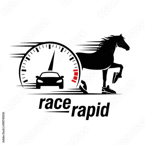 A stylized logo combines a speedometer horse and racing text