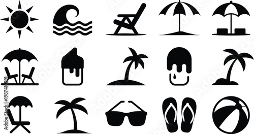 Black silhouettes of various beach and summer icons on white background