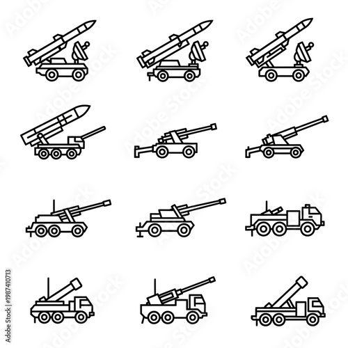 Line art illustrations depicting various types of military missile launchers