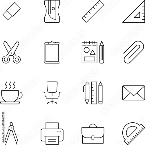 office and school supplies icons set, eraser, pencil sharpener, ruler, scissors, notepad, paperclip, coffee cup, printer