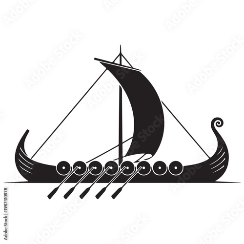Viking longship silhouette vector illustration of a drakkar boat with oars and shields for historical design