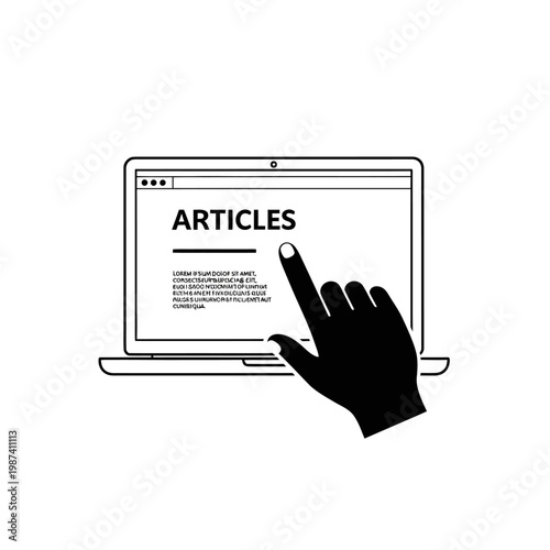 A hand interacting with a laptop displaying the word articles