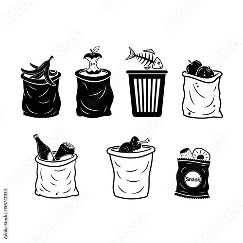 Various trash cans filled with different types of discarded food waste