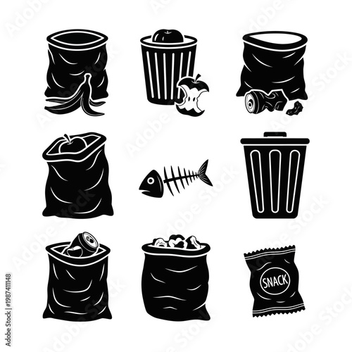 Collection of overflowing trash bags and discarded food waste illustrations