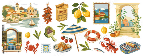 Mediterranean italian summer vector set with sardines can, lemon branch, Coastal villages, seafood, and vintage architecture. Vintage travel illustration collection in retro poster for tourism