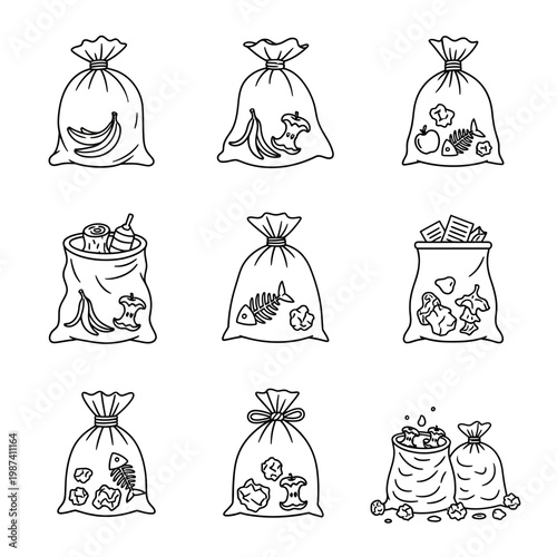 Line art illustrations of trash bags filled with various food waste items
