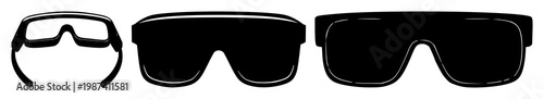Augmented reality glasses set with solid black icon on white background featuring AR, eyewear, technology with iconography and apparel