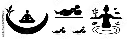 Spa relaxation icon set with solid black symbol on white background featuring line art, minimalist design, illustration with wellness and self‑care