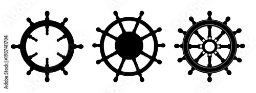 Cruise ship steering wheel set with solid black icon, white background, simple line art flat design featuring nautical, maritime, vessel steering with vector and graphic