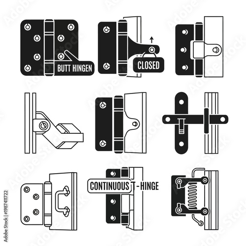 Collection of various door and cabinet hinge designs in black and white