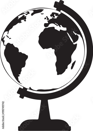 Black globe icon, world map silhouette, vector earth model, geography symbol