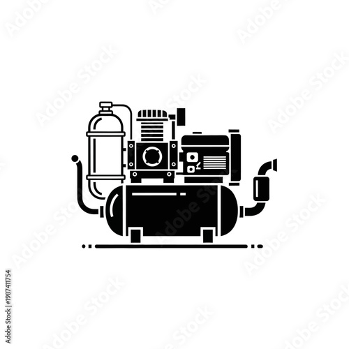 Simple black silhouette illustration of an air compressor with tank and fittings