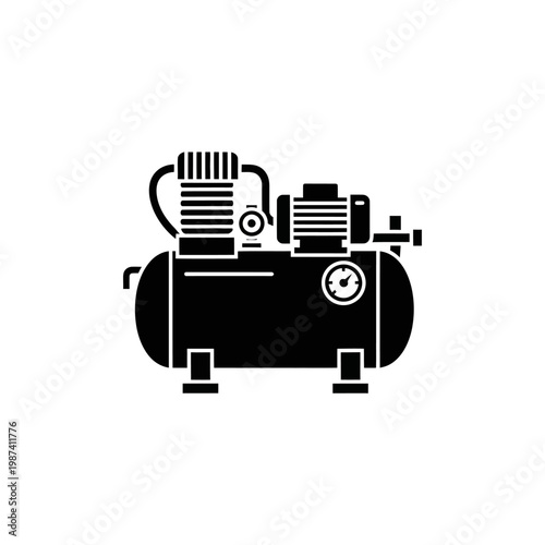 Simple black silhouette illustration of an industrial air compressor