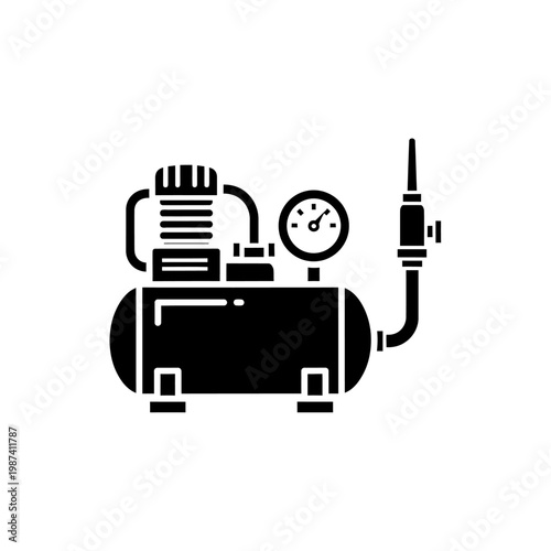 Simple black silhouette icon of an air compressor with attached hose
