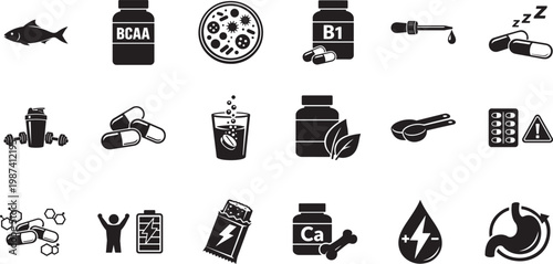 Supplement line editable icon set for health nutrition vitamins medicine capsule tablet vector EPS pack