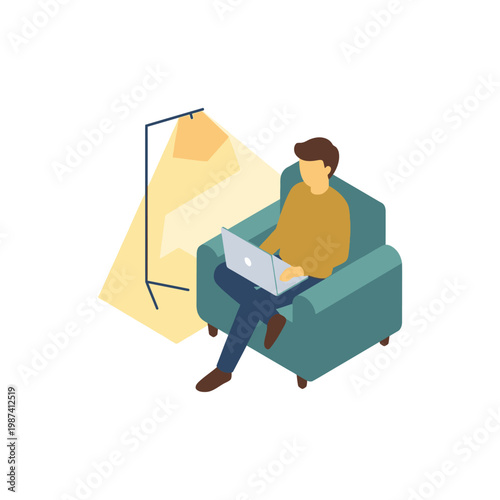 Isometric Home Office Remote Work Person Using Laptop Vector Illustration
