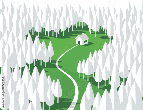 White House in Forest Clearing Illustration.