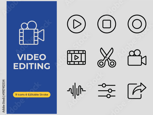 Video editing icons set with play button camera and film strip on gray background for graphic design  video editing tools