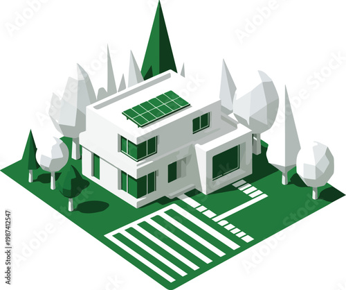 White 3D Model House with Solar Panels.