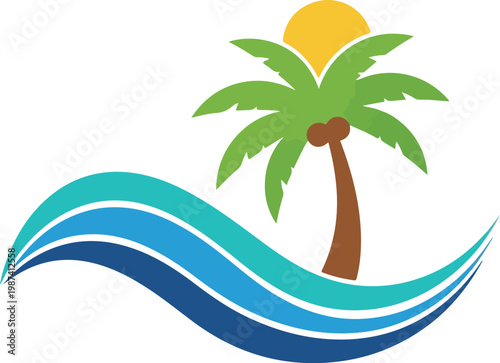 Palm Tree with Leaves and Ocean Wave.