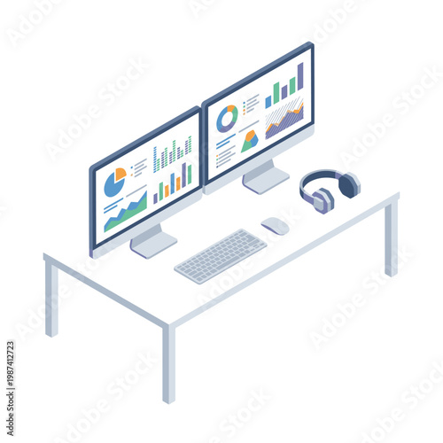 Dual Monitor Dashboard Data Analytics Isometric Vector Illustration