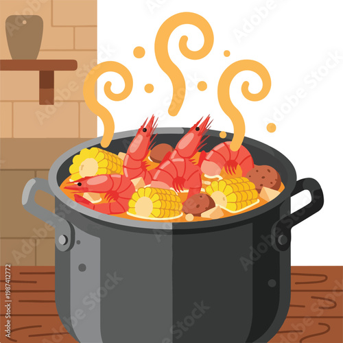 Steaming Seafood Boil in Large Pot.