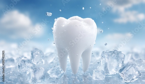 Bright White Tooth Surrounded by Ice Cubes with Light Blue Background for Dental or Health Themes