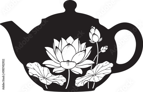 Black teapot, lotus flower design, white floral pattern, tea infuser