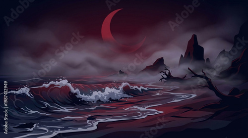 Dark ocean waves with red moonlight.