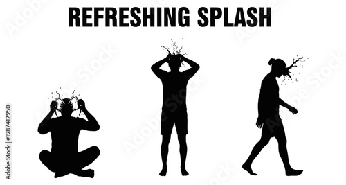Silhouette figures experiencing a refreshing water splash in a clean white space
