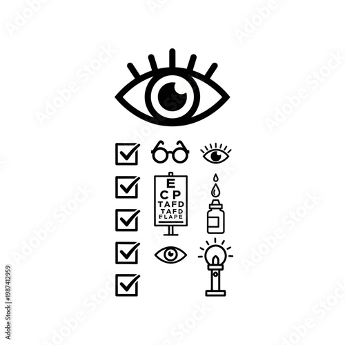 Optometry symbols including an eye chart glasses and eye drop bottle