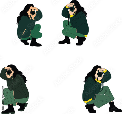 Flat vector illustration collection of a female photographer crouching while holding a professional camera from four different character