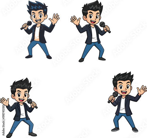 Cartoon vector illustration collection of a young male singer or host holding a microphone and waving from various angles