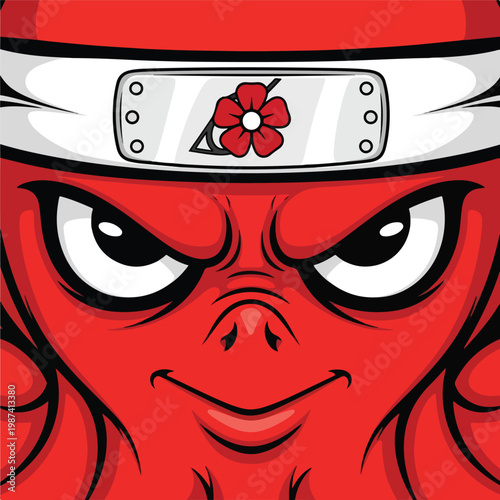 Angry Red Cartoon Character Wearing Headband.