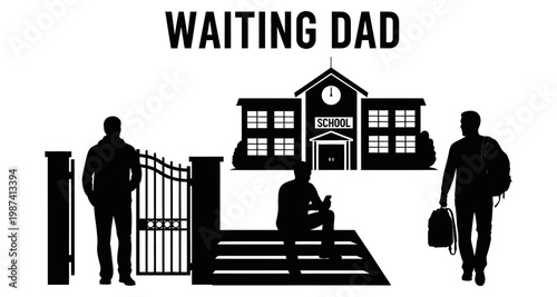 Silhouette of father waiting outside school building with students during dismissal